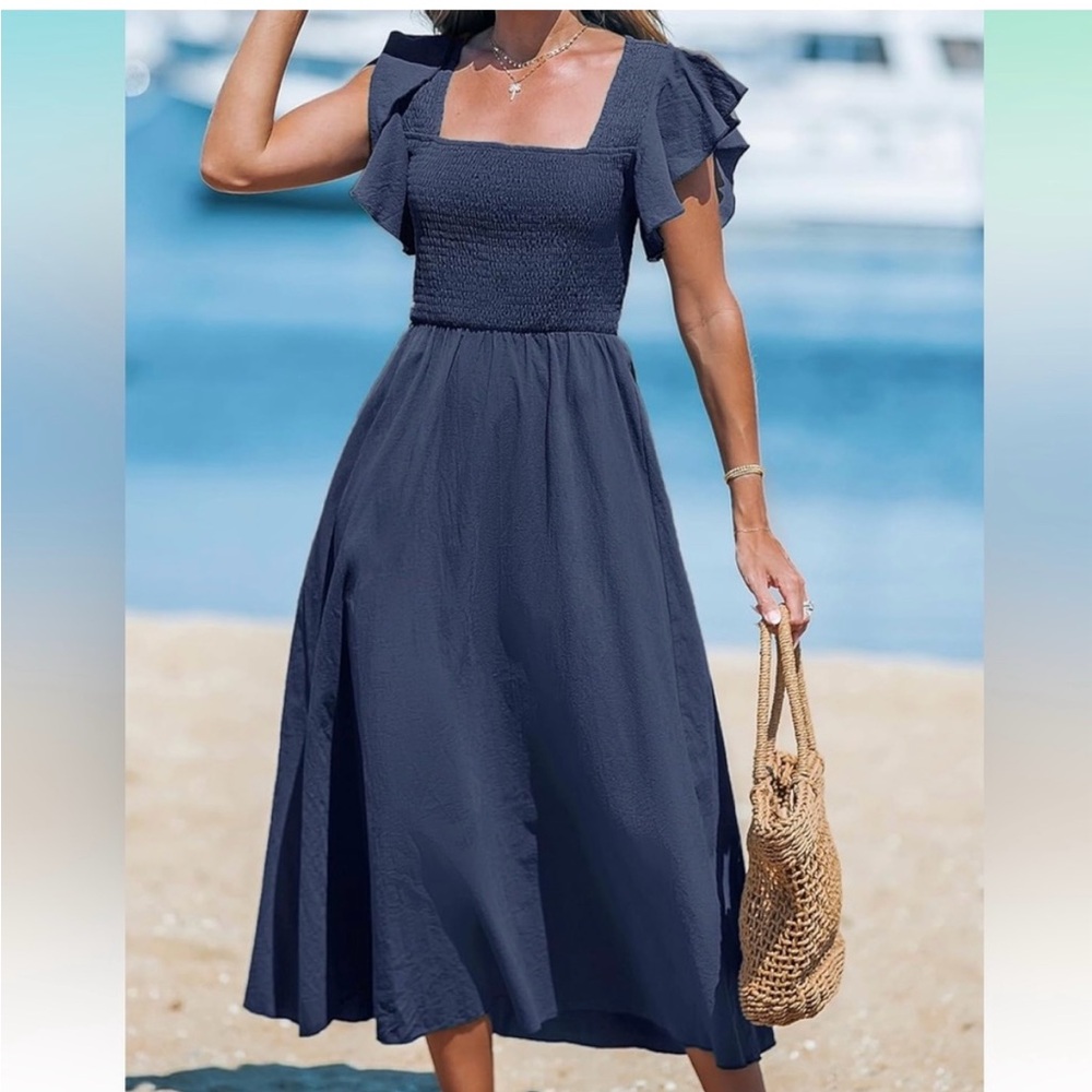 Elegant Navy Blue Ruffle Sleeve Dress
